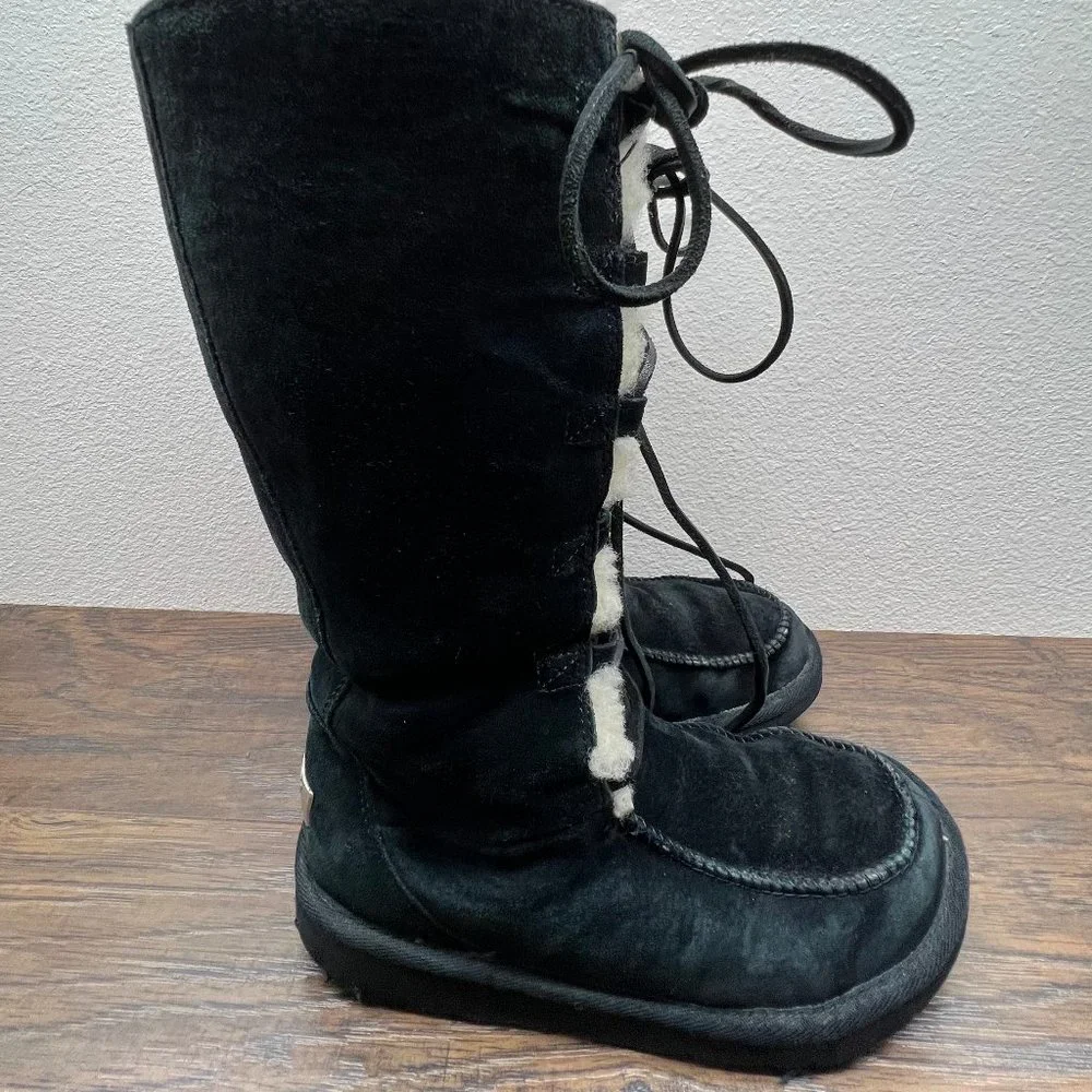 UGG Tularosa Black Suede Lace Up Sheepskin Tall Boots Women's Size 8 5190 - Picture 1 of 10